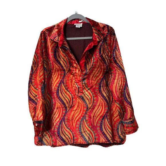 Tru Luxe Jeans Boho Velvet Blouse M Red Gold Wavy Pattern Long Sleeve Tunic Top - Picture 2 of 7